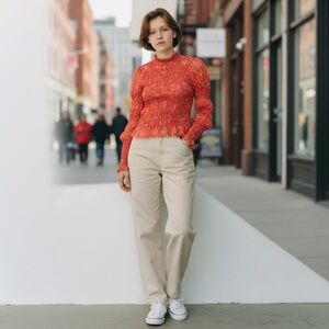 Free People smocked sheer Coral Floral blouse puff sleeve boho romantic top xl